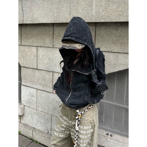 秋冬连帽斜拉链卫衣女修身百搭显瘦设计感翻领美式开衫外套上衣图片