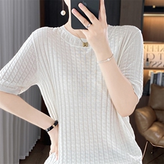 圆领短袖纯色套头显瘦百搭淑女针织衫，女装针织衫/毛衣，总能电商供货