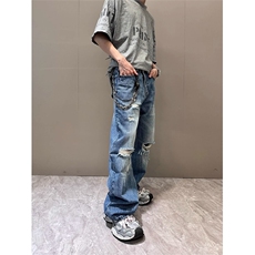 美式高街水洗破洞牛仔裤男夏季薄款复古直筒微喇裤子XK1116，男装牛仔裤，星座208-5