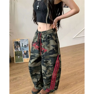 美式条纹迷彩工装裤女春秋季新款休闲宽松直筒阔腿裤LA80933-P50图片