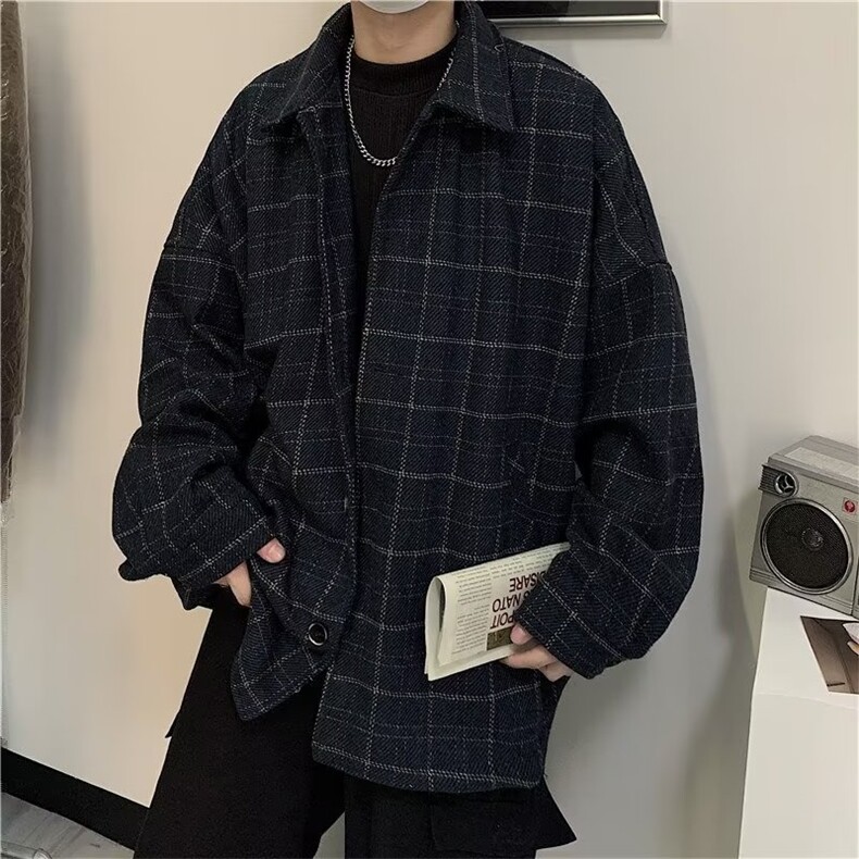 外套男秋冬加厚格子韩版宽松潮流港风新款复古毛呢夹克JA36-P62,男装夹克,星座208-5