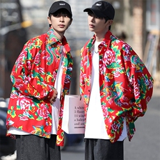 C203秋长袖男士宽松东北大花港风衬衣外套民族特色表演出新中式潮，男装民族服装，星座115A(原星座507）