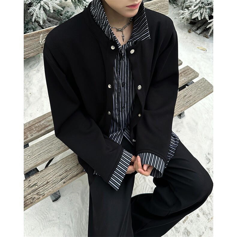 港风秋冬款男女假两件夹克衫条纹格子外套金属字母装饰JK735P66，男装夹克，星座1013-1