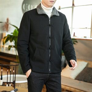 风男装加绒加厚夹克男复古大码棉麻盘扣羊羔毛外套J图片
