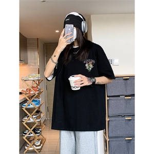 EQ245*玫瑰花印花短袖男女中性风夏季T恤港风ins潮流街头半袖图片
