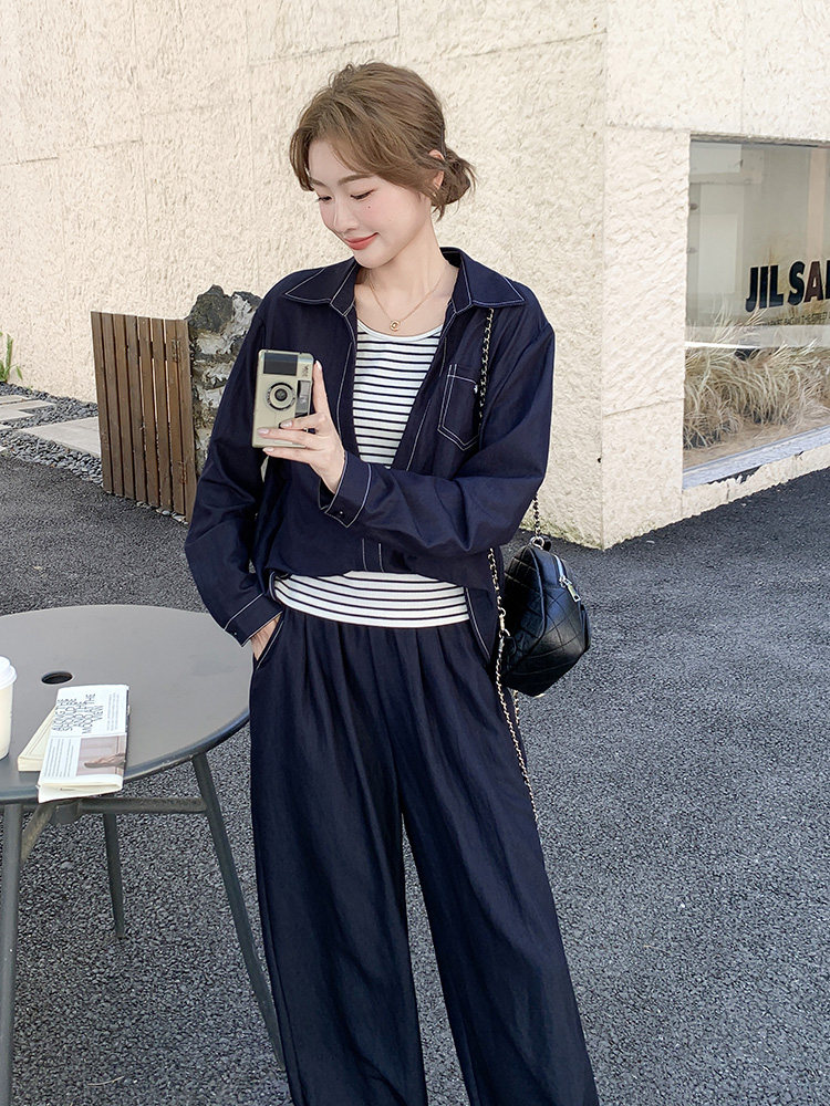 韩剧藏青色休闲衬衫运动套装女秋2025新款条纹吊带ootd穿搭三件套，女装套装/套裙，浙宝192（原082）