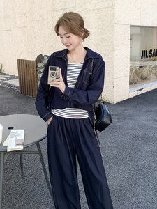 韩剧藏青色休闲衬衫运动套装女秋2025新款条纹吊带ootd穿搭三件套，女装套装/套裙，浙宝192（原082）