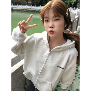 美式复古珍珠设计感连帽短款卫衣男女秋运动服休闲上衣潮 网图图片