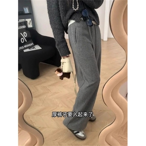 AK2472-P55今年流行灰色休闲裤女秋冬新款阔腿裤显瘦加绒慵懒卫裤图片