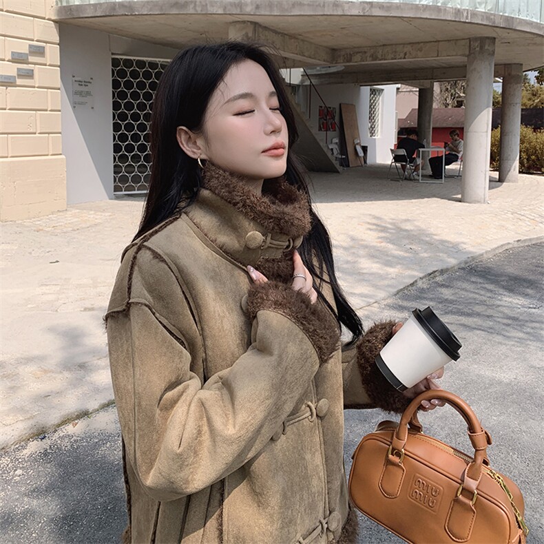 2024冬季新款女装仿羊羔毛外套时尚保暖显瘦短款大衣,女装羊羔毛/颗粒绒,灵力轩