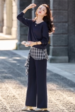 现货新款2025年秋季圆领时尚拼格子微喇叭裤套装两件套，女装套装/套裙，蓝诺裳