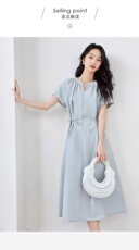 2025时尚百搭优雅中长款短袖圆领收腰连衣裙，女装连衣裙，翩雅女装供货