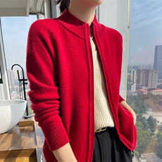 25秋冬新款半高领双拉链100%纯羊毛开衫女加厚宽松羊绒衫外搭毛衣，女装羊毛衫，斯尔特羊绒