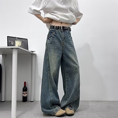 美式复古水洗做旧弯刀牛仔裤男女显瘦廓形宽松拖地阔腿休闲裤NK89，男装牛仔裤，星座601-1