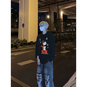 美式复古史努比印花长袖T恤小领口打底衫图片