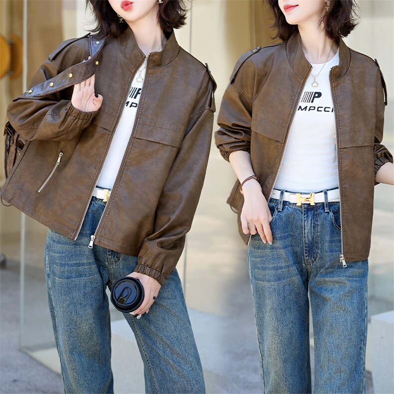 现货复古港风晕染立领皮衣女2024秋新款宽松休闲机车Pu皮外套，女装皮衣，跑量工厂店