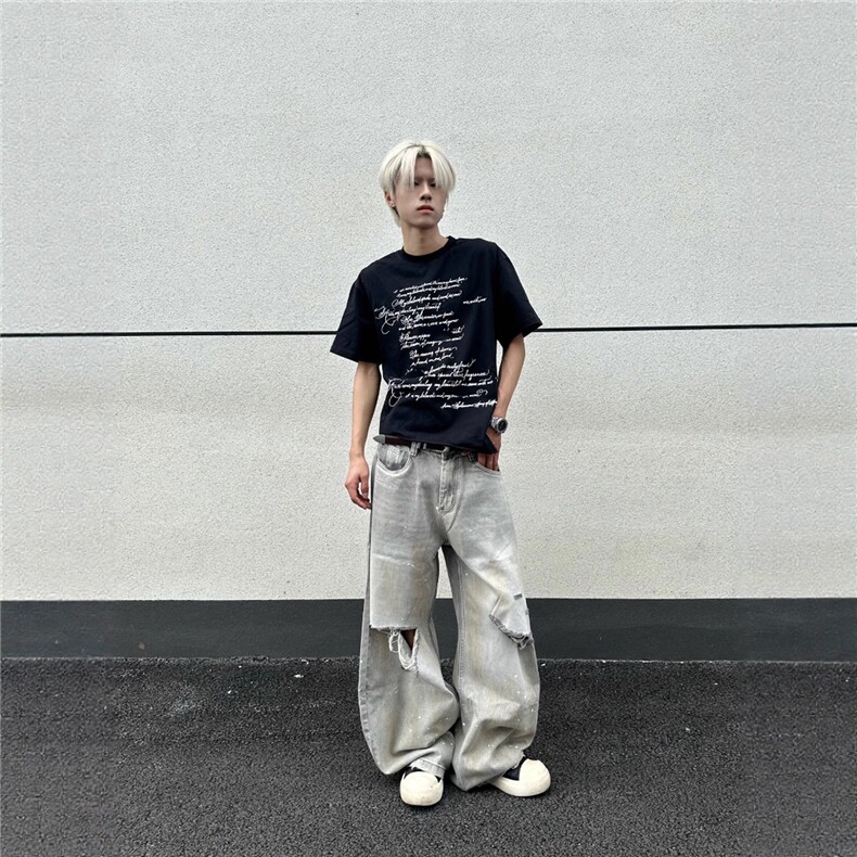 美式复古泼墨破洞弯刀牛仔裤男女夏季宽松直筒阔腿拖地裤子,男装牛仔裤,星座516A
