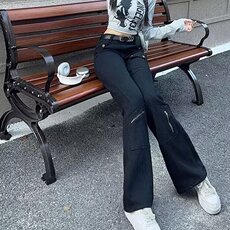 美式复古黑色多口袋牛仔工装微喇裤女高腰显瘦阔腿裤NK7344P45，男装工装外套，星座1013-1