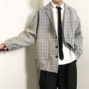 春季网红宽松小西装外套男韩版潮流ins格子休闲西服 A071-X02-P80图片