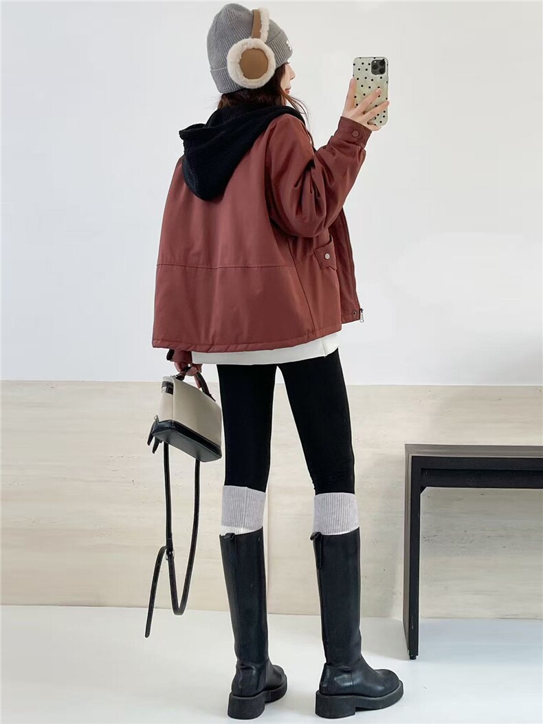 冬季加绒派克服棉衣女2025新款小个子针织连帽休闲工装棉衣外套,女装棉衣/棉服,江忆布依