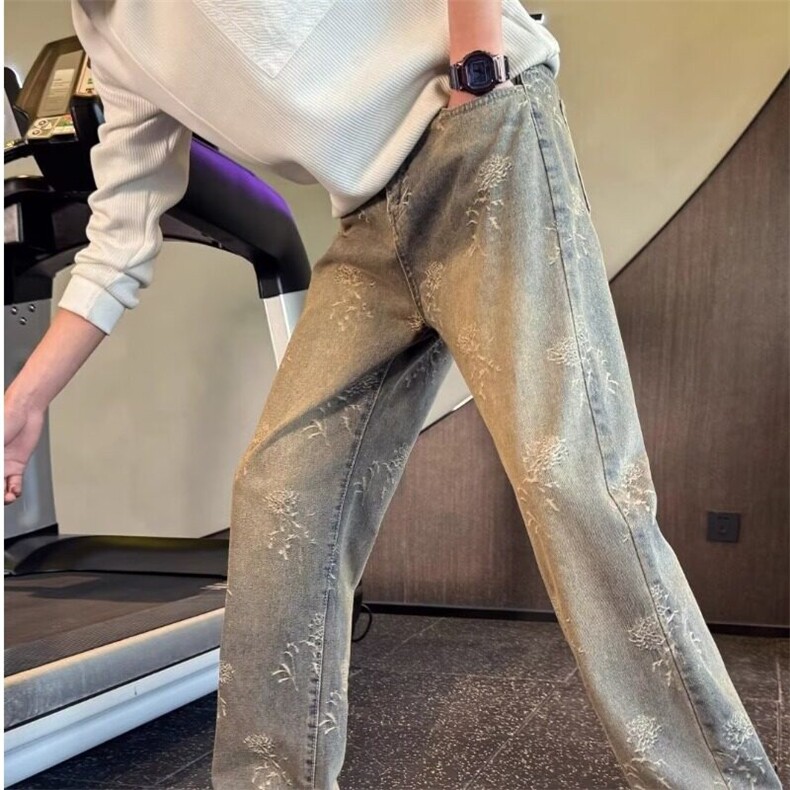 美式高街荆棘提花牛仔裤男款水洗做旧蓝色宽松直筒微喇休闲长裤潮,男装牛仔裤,星座506A