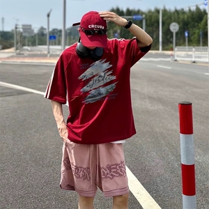 抖音得物高品质二开240克宽松纯棉美式潮牌三条杠织带短袖T恤图片