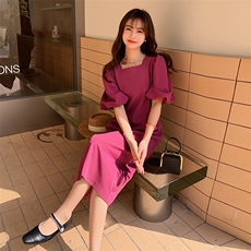 玫粉色泡泡袖方领连衣裙女夏季新款赫本风设计感气质显瘦a字裙，女装连衣裙，2C016