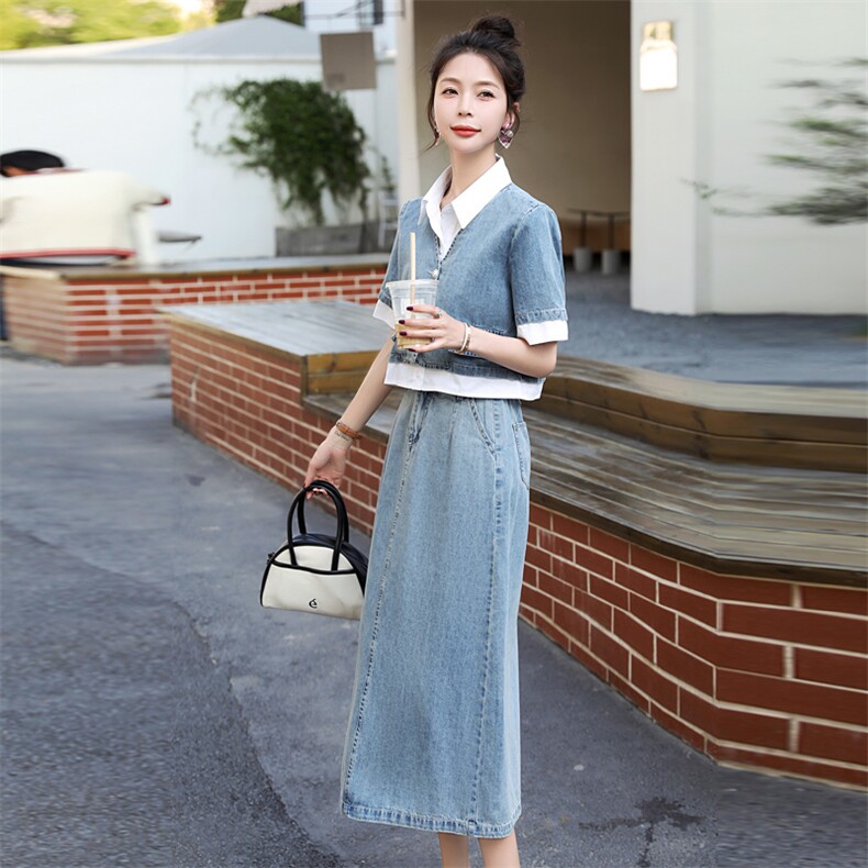 牛仔连衣裙女2025年夏季新款短袖薄款气质拼接衬衫领假两件套装女,女装套装/套裙,意芙