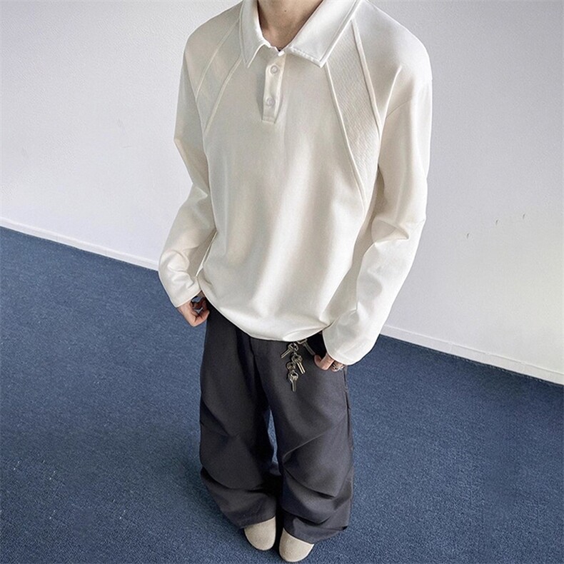 抖音得物高品质美式高街重磅曼巴棉结构螺纹拼接翻领卫衣长袖T恤,男装T恤,电商A486