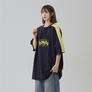 2025夏季新款创意字母印花休闲拼接港风T恤T1025/P35控49-棉图片