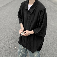 褶皱纹理解构拉链翻领黑色cleanfit短袖衬衫男高级感休闲上衣男潮，男装衬衫，星座505-2（原电商A260-1)