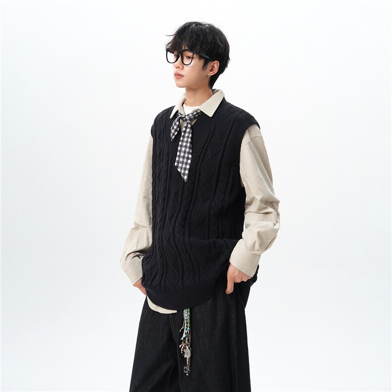 韩系叠穿复古麻花针织衫马甲男学院风早秋穿搭上衣服背心9097P58，男装背心/马甲，电商B312