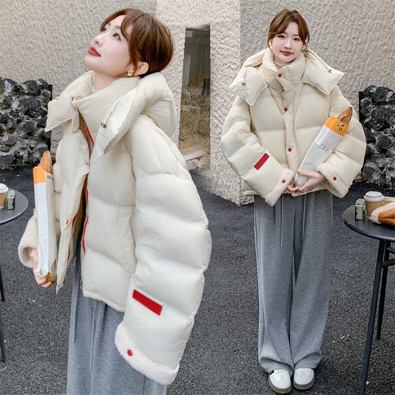 2024冬季新款仿羊羔毛拼接羽绒服短款白鸭绒加厚面包服90白鸭绒,女装羽绒服,韩蜜菓