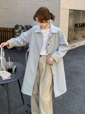 蓝色简约风衣外套女2025春季新款韩系英伦风中长款休闲大衣小个子，女装风衣，浙宝192（原082）