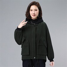 2021年冬季拼接连帽加绒外套宽松长袖文艺通勤开衫，女装卫衣/绒衫，叶笙衣