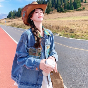 撞色油画碎花牛仔短外套女春秋2025新款巨好看百搭设计感超火上衣图片