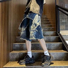 美式潮牌嘻哈牛仔短裤男夏季高街毛边设计感宽松直筒阔腿五分裤子，男装牛仔裤，星座601-2