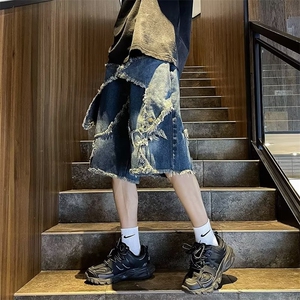 美式潮牌嘻哈牛仔短裤男夏季高街毛边设计感宽松直筒阔腿五分裤子图片
