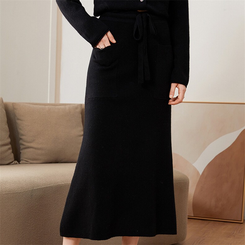 秋冬季羊绒抽绳带口袋简约款半身裙，女装半身裙，恒爱羊绒
