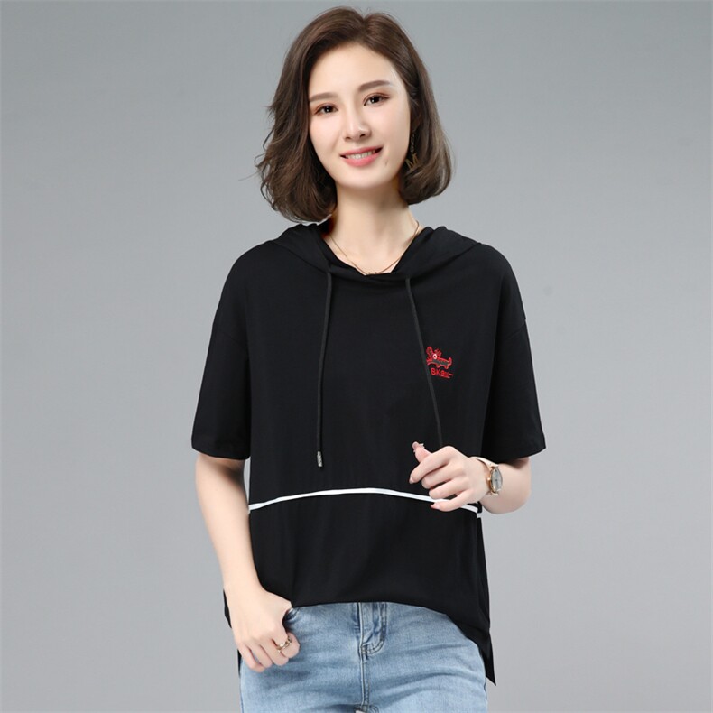 【货源稳定常年不下架】2026夏装新款刺绣连帽短袖T恤女纯色B617,女装T恤,板酷