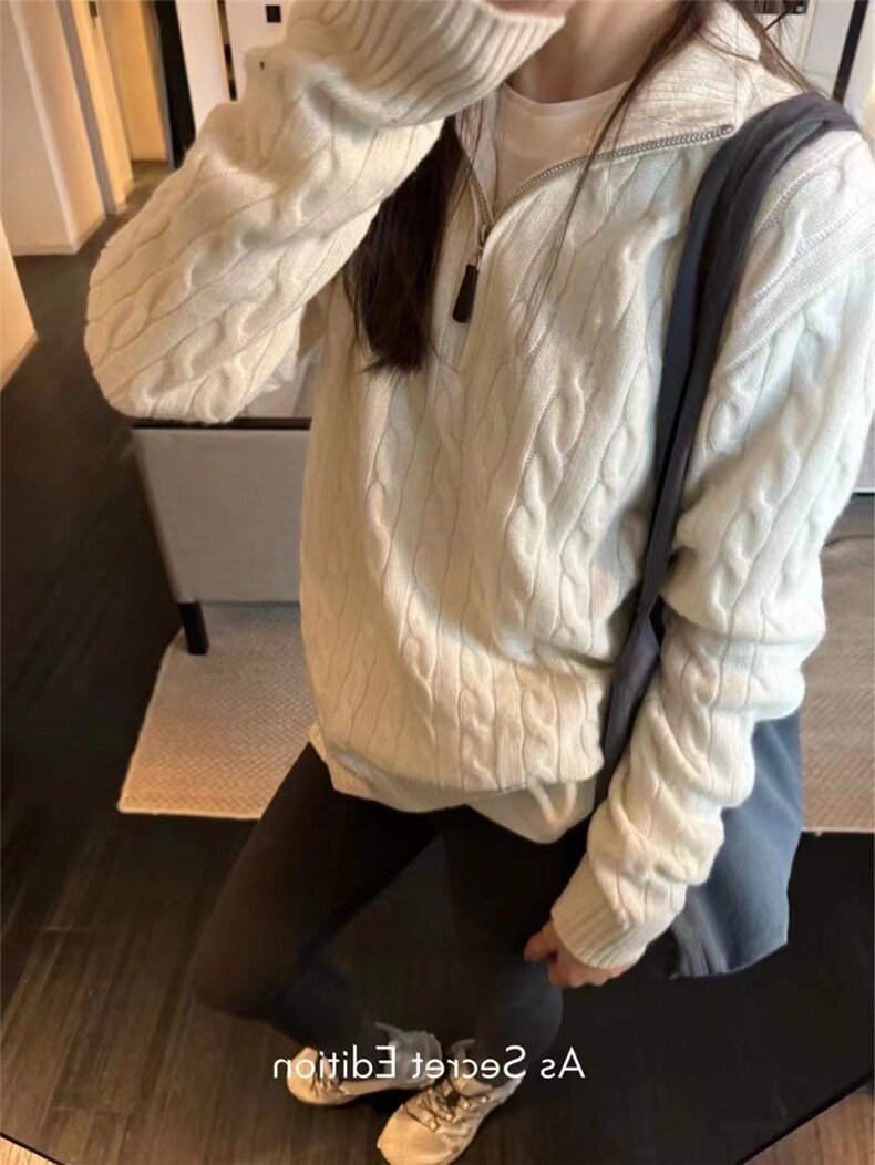 新款女士半开衫拉链毛衣麻花立领刺绣秋冬针织衫上衣,针织衫/毛衣,半城羊绒