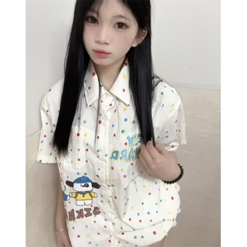 TC595-P45夏季潮牌趣味卡通刺绣短袖衬衫男女宽松情侣百搭衬衣图片