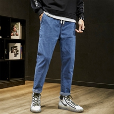 港风秋款男装牛仔裤松紧弹力系带抽绳贴标休闲裤N，男装牛仔裤，星座1013-1
