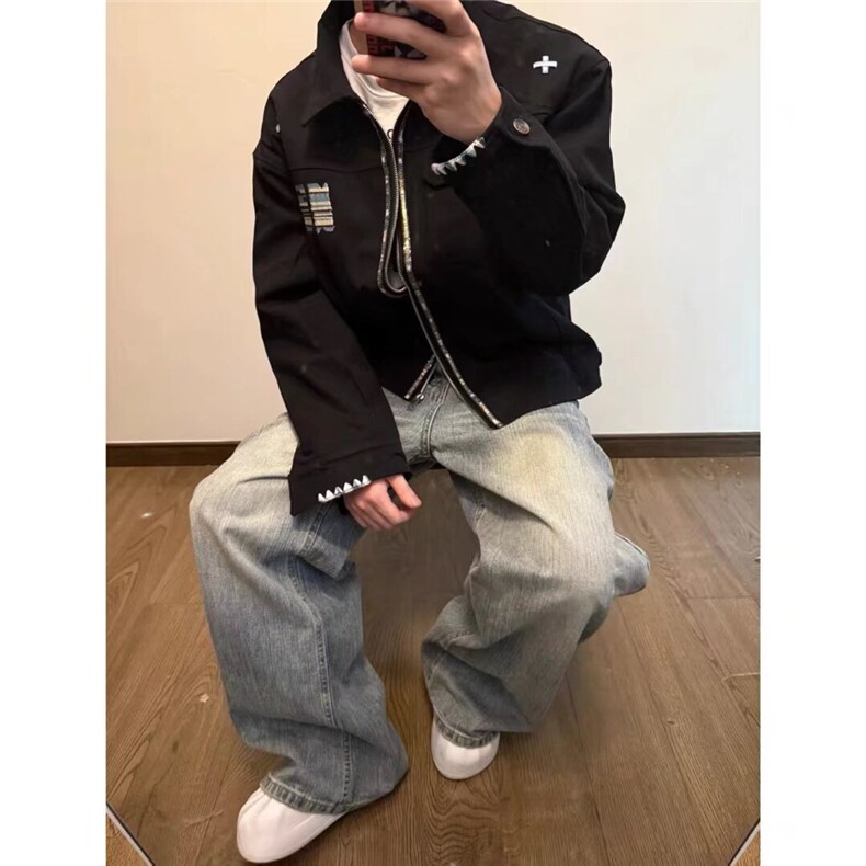 美式复古巴恩风休闲夹克男女款宽松设计感翻领棒球服刺绣工装外套,男装夹克,四季星座505