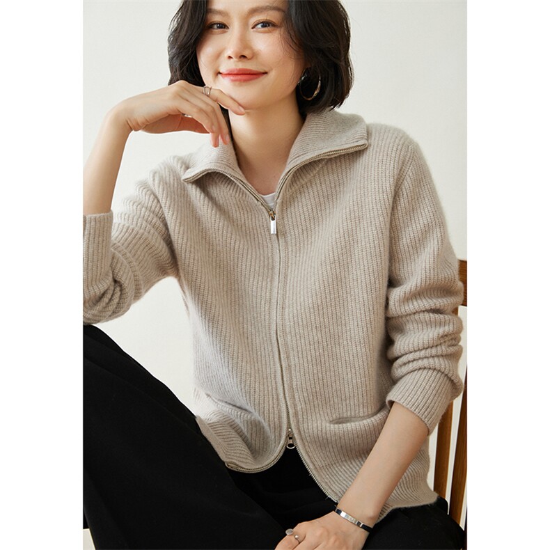 时尚百搭女士羊绒开衫高领拉链设计保暖舒适修身显瘦,女装羊绒衫,迎冬羊绒