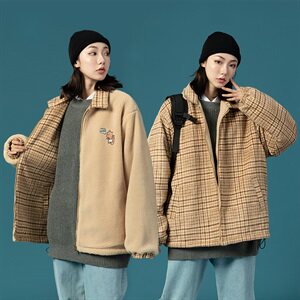 703-Y252 冬季高品质加厚羊羔毛外套格子双面穿毛呢上衣图片