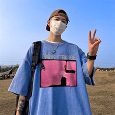 直播品质重磅240克美式复古蜡染水洗做旧宽松短袖t恤T1153P38，男装T恤，电商A486