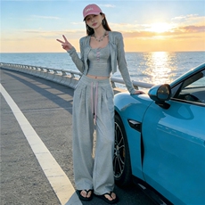 欧货慵懒风时尚套装女春季软糯短款开衫上衣内搭吊带阔腿裤三件套，女装套装/套裙，江南