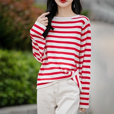 女士秋季新款简约百搭海岸线条纹圆领打底衫，女装针织衫/毛衣，悦玛羊绒