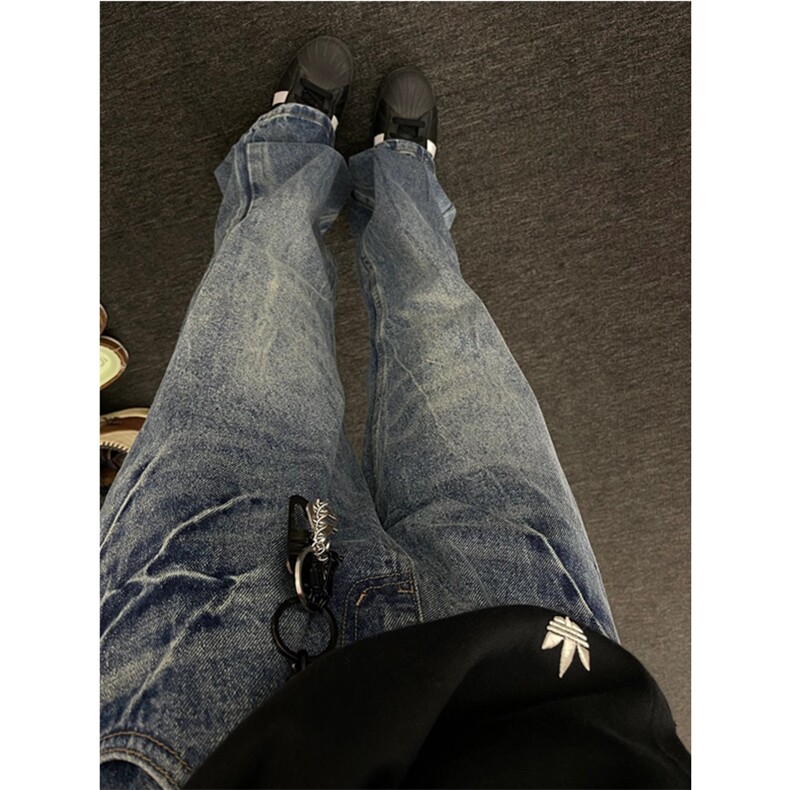 复古闪电纹蓝色牛仔裤男女同款直筒微喇长裤N174,男装牛仔裤,星座1116A（原606A-3）